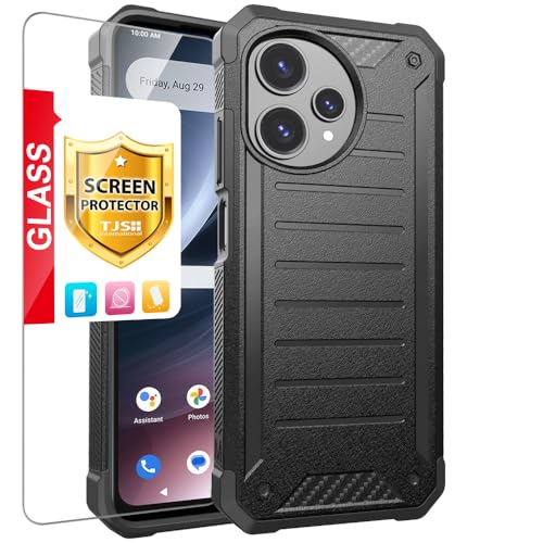 TJS for Cricket Icon Plus 2026 Phone Case, AT&T Verge 2 5G Case (Black) | with Tempered Glass Screen Protector, Premium Tough Lined Design Hybrid Shockproof Heavy Duty Phone Case Cover - color: Black
