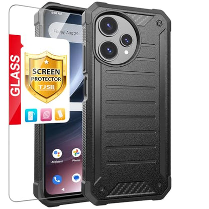 TJS for Cricket Icon Plus 2026 Phone Case, AT&T Verge 2 5G Case (Black) | with Tempered Glass Screen Protector, Premium Tough Lined Design Hybrid Shockproof Heavy Duty Phone Case Cover - color: Black
