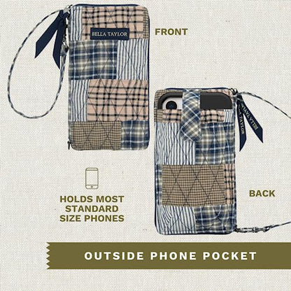 Bella Taylor Cell Phone Wristlet, Quilted Phone Wallet for Women | Lightweight, RFID blocking, phone pocket, built-in wallet, card organizer, coin pocket, secure zipper, quality construction - color: Farmhouse Blue