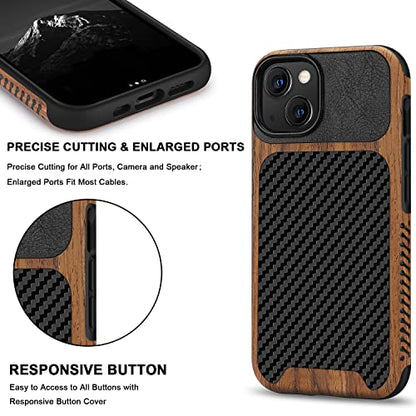TENDLIN Magnetic Case Compatible with iPhone 13 Case Wood Grain with Carbon Fiber Texture Design Leather Hybrid Slim Cover (Compatible with MagSafe) Black - color: Magnetic Black