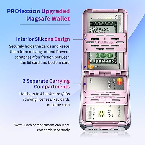 PROfezzion Double Sided Magnetic Phone Card Holder Wallet for MagSafe, Pink | RFID Blocking, Compatible with iPhone 17 16 15 14 13 12 Pro Max Plus, Holds 4-Cards, Secure Snap Latch, Adjustable Stand - color: PINK