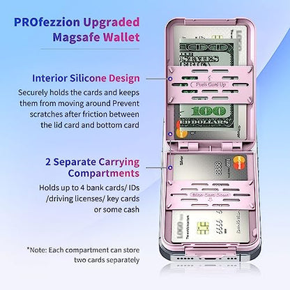 PROfezzion Double Sided Magnetic Phone Card Holder Wallet for MagSafe, Pink | RFID Blocking, Compatible with iPhone 17 16 15 14 13 12 Pro Max Plus, Holds 4-Cards, Secure Snap Latch, Adjustable Stand - color: PINK