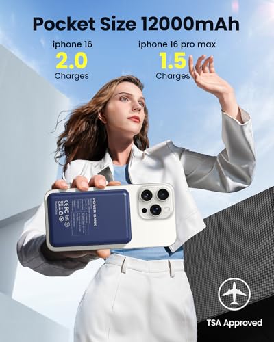 for Magsafe Battery Pack 12000mAh Magnetic Power Bank Portable Charger 20W USB C Fast Charging Wireless Charger for iPhone 17/16/15/14/13/12 | PD 22.5W Fast Charging, USB C in&Out Wireless Battery Pack Phone Charger for iPhone 16/15/14/13/12 All Series -