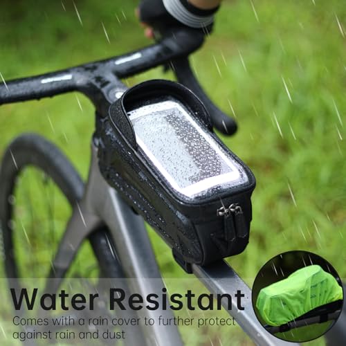Bike Front Frame Bag Waterproof with Phone Mount Holder | 2 in1 EVA Bicycle Top Tube Bag, Waterproof, Rain Cover, TPU Touch Screen, Tool-Free, Sun Visor, Fits Road, Mountain, E-Bikes