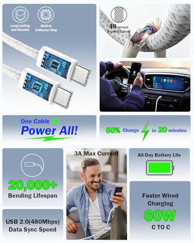 40W GaN III USB C Charger Block with 10FT Cable, PD 3.0 PPS Fast Charging - color: White