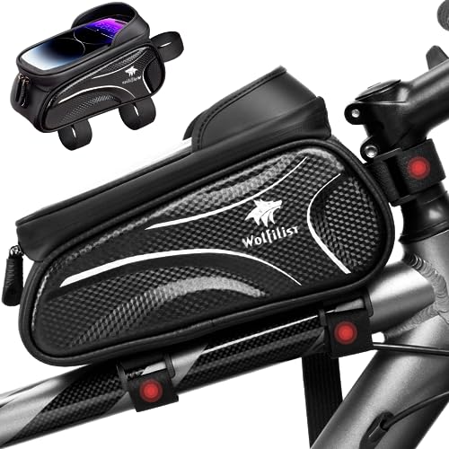 WOLFILIST Bike Frame Bag - Waterproof Bicycle Phone Holder Bike Accessories | 3D EVA Hard Shell with TPU Touchscreen & Rain Cover, Fits 7" Phones 1.5/2L Large Capacity Straps for Bike/E-Bike Adult Gifts