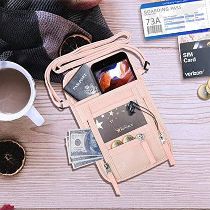 WALNEW Passport Holder Neck Pouch Travel Wallet for Women and Men, RFID Blocking Security Slim Traveling Wallet with Around Neck Lanyard Strap, Pink - color: Pink