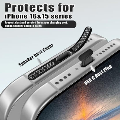 USB C Dust Plug Port Cover Protectors 20 PCS with Phone Speaker Cover Bumper Stickers 6 PCS Compatible for iPhone 17, iPhone 15/16/16 Plus/16 Pro/16 Pro Max with Cleaning Brush Accessories - size: for iPhone 17, iPhone 15 16 Plus Pro Max