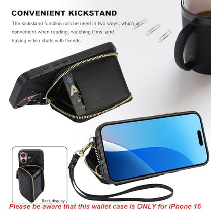 Bocasal Crossbody Wallet Case Card Holder for iPhone 16, Black | RFID Blocking PU Leather Zipper Handbag Purse, Kickstand Flip Folio Case with Card Slots Holder Wrist Strap Lanyard 6.1 Inch - color: Black