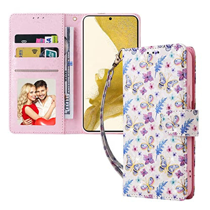 UEEBAI Wallet Case for Samsung Galaxy S23 5G, PU Leather Phone Case Kickstand RFID Blocking Flip Case Card Slots Wrist Strap Relief Engraved Pattern Magnetic Closure Flower Folio Case, Butterfly - color: Butterfly, size: Samsung Galaxy S23 5G