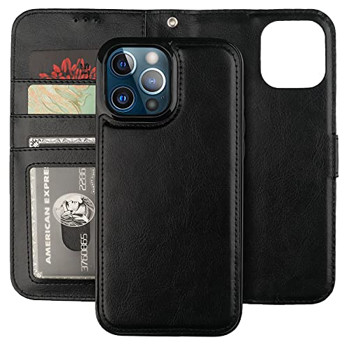 Bocasal Detachable Wallet Case Card Holder for iPhone 13 Pro Max Black | RFID Blocking Kickstand Card Slots Holder PU Leather Magnetic Shockproof Wrist Strap Removable Flip Protective Cover 6.7 inch - color: Black