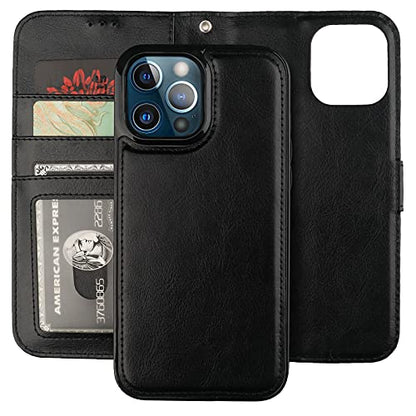 Bocasal Detachable Wallet Case Card Holder for iPhone 13 Pro Max Black | RFID Blocking Kickstand Card Slots Holder PU Leather Magnetic Shockproof Wrist Strap Removable Flip Protective Cover 6.7 inch - color: Black