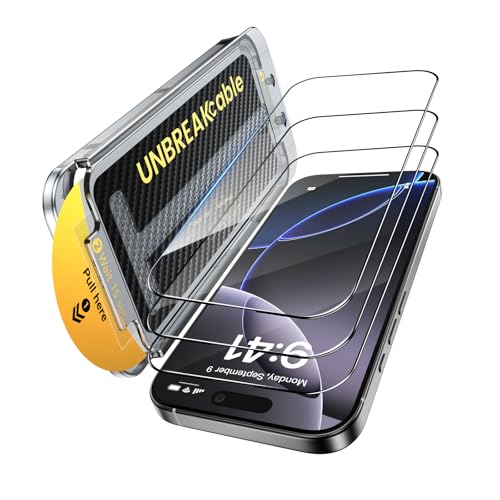 UNBREAKcable 3-Pack Screen Protector for iPhone 16 Pro,Tempered Glass | Shatterproof Glass,One Pull Perfection,Auto Dust Elimination,99.99% HD Clear,Bubble Free,Full Coverage for Apple 6.3 Inch - size: iPhone 16 Pro