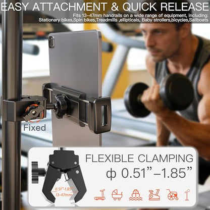 Spin Bike Tablet Holder Super Crab Handlebar Climp Mount for Gym,Treadmill,Stroller,Handlebar,Shopping Cart,Golf Cart Compitable with 4.7~12.9" iPad Switch iPhone e-Reader