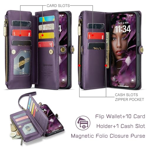 Defencase for iPhone 14 Plus Wallet Case with RFID Card Holder, Purple | Durable Soft PU Leather, with Zipper Pocket, Wrist Strap, Fashion Snap Flip Phone Cases Cover with Stand for Women and Men - color: Purple