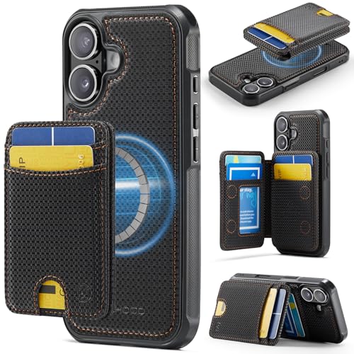 WJX for iPhone 16 Plus MagSafe Wallet Case, 2-in-1 Detachable Luxury Card Holder, Universal MagSafe Compatible, RFID Blocking, Shockproof Kickstand Slim Cover， Carbon Fiber - color: Carbon Fiber, size: iPone 16 Plus