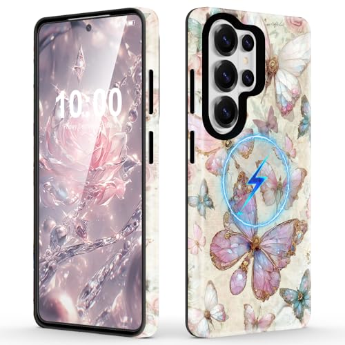 Design for SamsungGalaxy S26 Ultra Case Magnetic,Dual-Layer Hard PC TPU Protective Colorful Butterfly Phone Case for Women (Multicolor) - color: Multicolor, size: s26 ultra case
