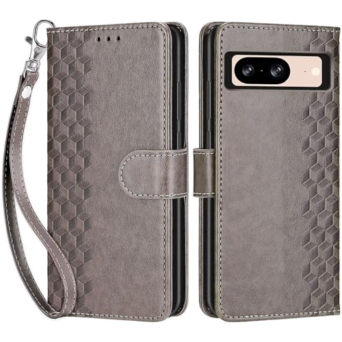 Wallet Case for Google Pixel 8, Gray Cube | Women Flip Folio Cover, Embossed PU Leather, Stand, Credit Card Holders Slots, Wrist Strap - color: 2
