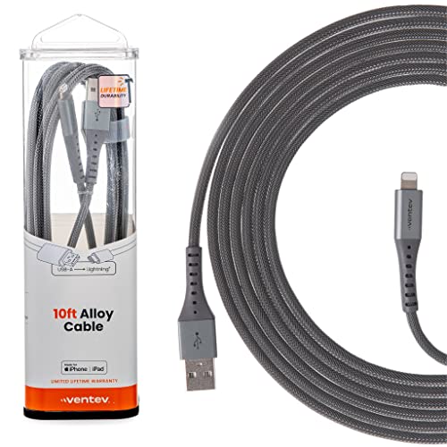 Ventev USB A to Apple Lightning High-Speed Ultra Durable Alloy Cable for iPhone 1-14, AirPods, iPads and More Devices (10 Foot, Gray) - size: 10 feet