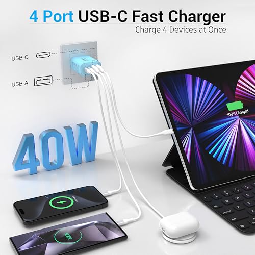 TT&C USB C Charger Block, 40W 4 Ports Wall Charger for iPhone 17,16,15,14 - color: Blue 1Pack
