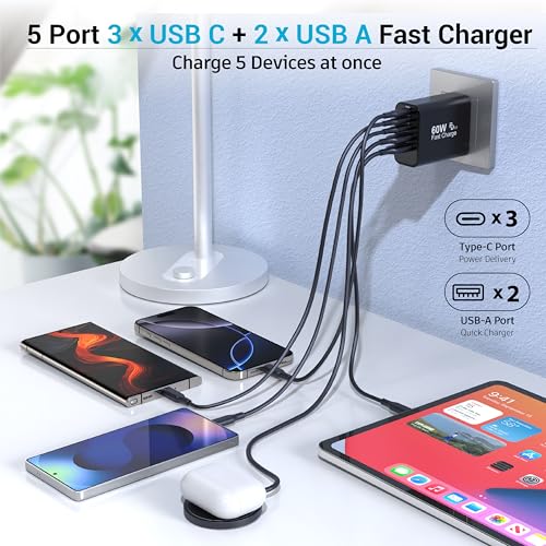 TZBAY 2-Pack USB C Charger Block, 60W 5 Ports Wall Charger Fast Charging - color: Black 2Pack