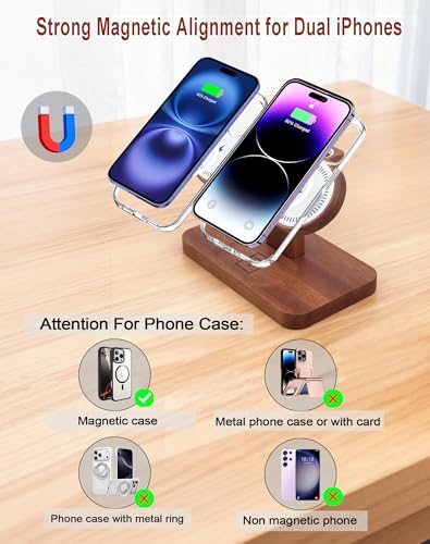 Compatible with Magsafe Dual Phone Charging Station for Apple Devices,Two Phone Wireless Charger for iPhone 17/16/15/14/13,AirPods & Apple Watch,Wood Charger Stand,Gift for Men Dad Boyfriend