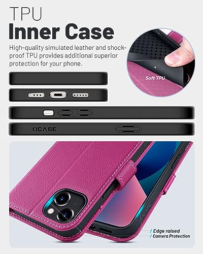 OCASE Compatible with iPhone 15 Wallet Case, PU Leather Flip Folio Case with Card Holders RFID Blocking Kickstand [Shockproof TPU Inner Shell] Phone Cover 6.1 Inch 2023, Litchi Rose - color: Litchi Rose
