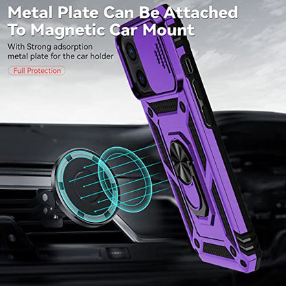 for iPhone 12 Mini Case with Camera Lens Cover HD Screen Protector, Dual Layer Military Grade Drop Protection Magnetic Ring Holder Kickstand Protective Phone Case for iPhone 12 Mini 5.4 inch (Purple) - color: Purple with camera cover Military-Grade 2nd ge