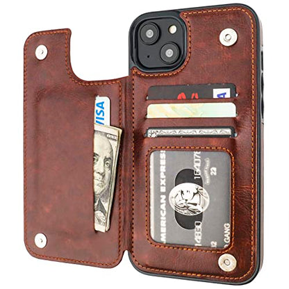 ONETOP for iPhone 14 Plus Wallet Case with Credit Card Holder,Brown | Kickstand,ID/Cash Holder,Case Wallet with Card Slots,Double Magnetic Clasp,Durable PU Leather Shockproof Cover for Women Men - color: Brown
