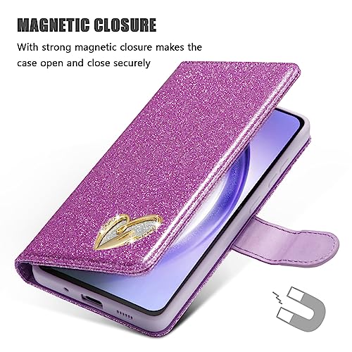 QLTYPRI Case for Samsung Galaxy A16 4G/5G, Bling Shiny Glitter Flip Folio Case Full-Body Protective Cover Card Slots Magnetic Closure Kickstand Wrist Strap for Women Girls A16 Case - Purple