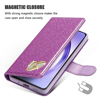 QLTYPRI Case for Samsung Galaxy A16 4G/5G, Bling Shiny Glitter Flip Folio Case Full-Body Protective Cover Card Slots Magnetic Closure Kickstand Wrist Strap for Women Girls A16 Case - Purple