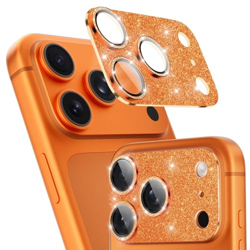 imluckies Compatible with iPhone 17 Pro Camera Lens Protector Bling, Ultra HD Tempered Glass Shiny Diamond Camera Plate Sparkle Screen Protection, 9H Anti-Scratch & Easy Install, Glitter Orange - size: 17pro 6.3" Glitter Orange