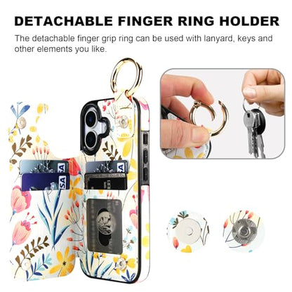 HAOPINSH Wallet Case for iPhone 17 with Card Holder, Floral Flower Print Back Flip Folio PU Leather Kickstand Card Slots Case, Finger Grip Ring Double Magnetic Clasp Shockproof 6.3" - color: Floral Flower Grip Ring