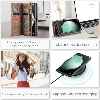 Samsung Galaxy S23 FE Wallet Case,Zipper Folio Leather Case Wallet with Card Holder Strap Wristlet Detachable Magnetic Protective Case for Samsung Galaxy S23 FE 5G 6.4 Inch(Coffee) - color: Brown, size: S23 FE 5G 6.4 Inch