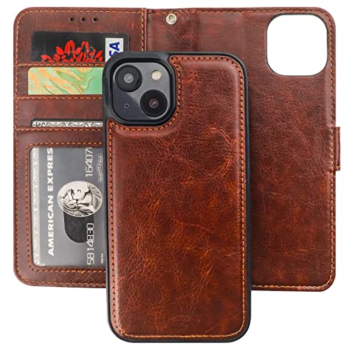 Bocasal Detachable Wallet Case Card Holder for iPhone 14, Brown | RFID Blocking Kickstand Card Slots Holder PU Leather Magnetic Shockproof Wrist Strap Removable Flip Protective Cover 6.1 inch - color: Brown