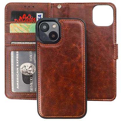 Bocasal Detachable Wallet Case Card Holder for iPhone 14, Brown | RFID Blocking Kickstand Card Slots Holder PU Leather Magnetic Shockproof Wrist Strap Removable Flip Protective Cover 6.1 inch - color: Brown