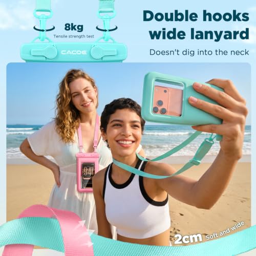 CACOE Floatable Waterproof Phone Pouch 2 Pack Up to 9.0", Pink+Green | Floatable, IPX8 Waterproof Phone Case,Adjustable Lanyard,Dry Bags for Beach/Cruise/Travel/Camping/Kayak/Vacation Essentials - color: Pink+Green#1, size: Up to 9.0"-Floatable