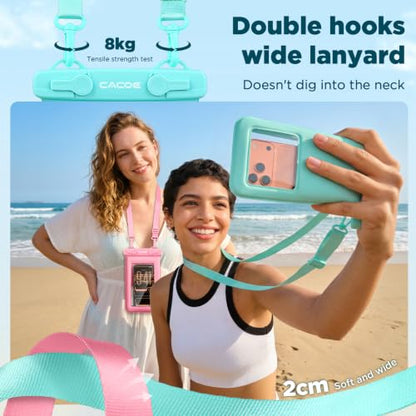 CACOE Floatable Waterproof Phone Pouch 2 Pack Up to 9.0", Pink+Green | Floatable, IPX8 Waterproof Phone Case,Adjustable Lanyard,Dry Bags for Beach/Cruise/Travel/Camping/Kayak/Vacation Essentials - color: Pink+Green#1, size: Up to 9.0"-Floatable