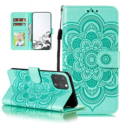 EYZUTAK Case for iPhone 13 Pro, Premium PU Leather Magnetic Flip Wallet Case with Card Holder Cash Slot Lanyard Strap Kickstand Function Embossed Mandala Flower Pattern Shockproof Cover - Green - color: Green, size: iPhone 13 Pro