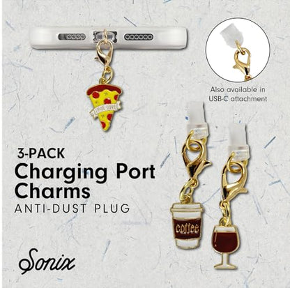 Sonix Dust Plugs - USB C + Lightning Compatible - Enamel Charging Port Charms (3 Pack) - Friday Essentials - Wine, Pizza, Coffee - color: Friday Essentials