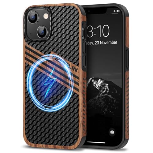 TENDLIN Magnetic Case Compatible with iPhone 14 Plus Case Wood Grain with Carbon Fiber Texture Design Leather Hybrid Slim Cover (Compatible with MagSafe) Three Stripe - color: Magnetic Three Stripe, size: iPhone 14 Plus