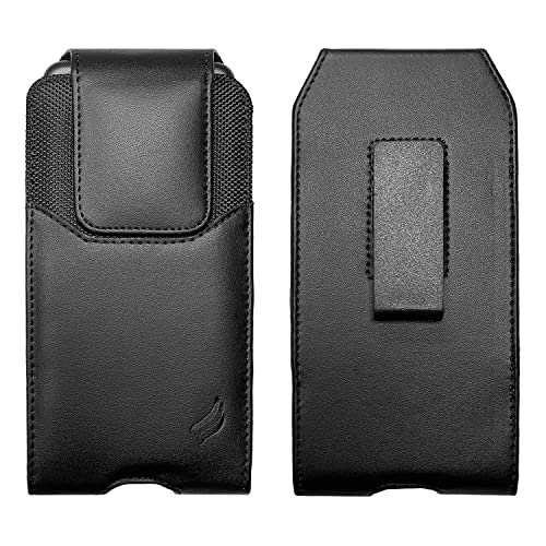 Leather Cell Phone Holster for T-Mobile REVVLRY+, REVVL 4, AT&T Fusion Z, Motivate, Jitterbug Smart3, Kyocera DuraSport 5G - Vertical Case Waist Carrying Pouch with Belt Clip/Loops, Black - size: Medium