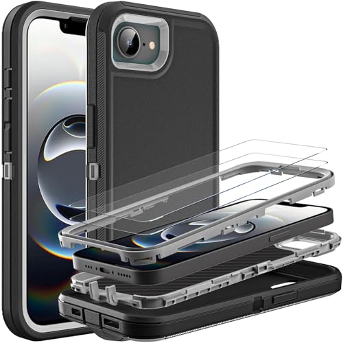 YKHJKLEC for iPhone 16e Case, Military Grade 3 in 1 Heavy Duty Shockproof/Drop Proof/Dust Proof Case with 2Pcs Tempered Glass Screen Protector (Black/Grey) - color: Black/Grey