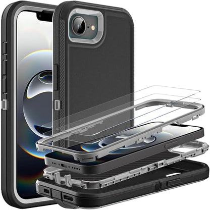 YKHJKLEC for iPhone 16e Case, Military Grade 3 in 1 Heavy Duty Shockproof/Drop Proof/Dust Proof Case with 2Pcs Tempered Glass Screen Protector (Black/Grey) - color: Black/Grey