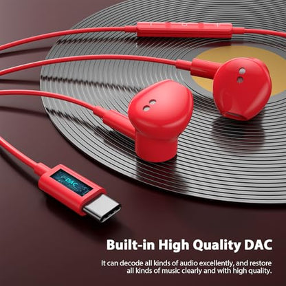 Jelanry Magnetic USB-C Wired Earbuds HiFi Stereo Headphones with Mic, Red - color: Red