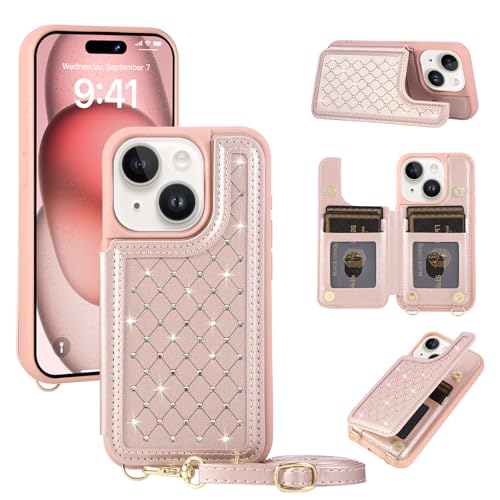for iPhone 11 Wallet Case with Card Holder Slots and Strap, RFID Blocking Magnetic Flip Folio Cover, Crossbody Purse Protection Case with Kickstand,Rose Gold Diamond - color: Rose Gold Diamond, size: iPhone 11(6.1")