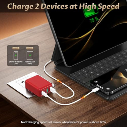 Flat USB C Wall Plug 2Pack 40W Foldable Slim Fast Charging Block - color: Red | 2-Pack | 4-Port