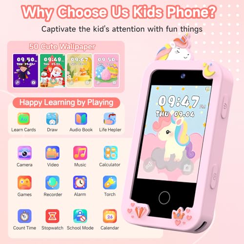 Kids Phone Toys for Girls Age 3 4 5 6 7 8 9, Touchscreen Dual Camera Toddler Learning Play Phone Christmas Birthday Gifts for Kids Age 3-9 with Music Player, Games - color: Frost White