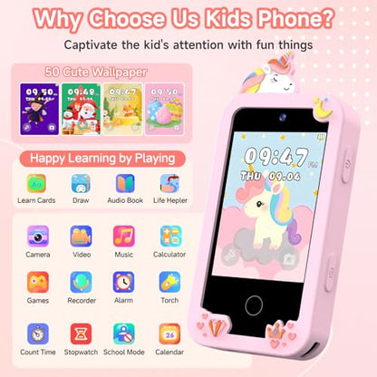 Kids Phone Toys for Girls Age 3 4 5 6 7 8 9, Touchscreen Dual Camera Toddler Learning Play Phone Christmas Birthday Gifts for Kids Age 3-9 with Music Player, Games - color: Frost White