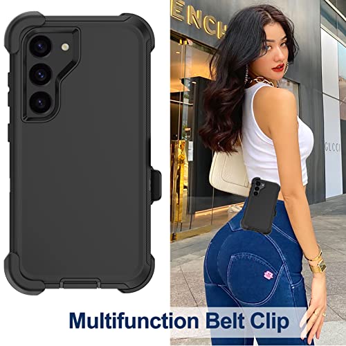 for Samsung Galaxy S23 Case with Belt Clip Holster, 2 x Screen Protector, Heavy Duty Military Grade Full Body Shockproof Dust-Proof Rugged Protective Cover for Samsung S23 5G (Black) - color: Black